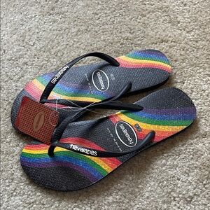 Havaianas Black Flip Flops with Pride Rainbow Stripes 39/40